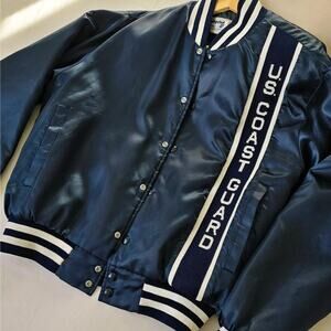 Swingers Satin Navy Blue Bomber Jacket- Mens, Unisex